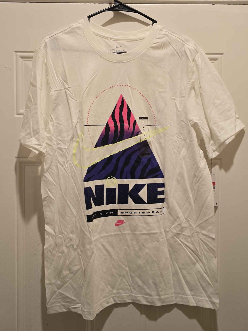 Nike White Short-Sleeve Tee with Neon Yellow Swoosh and Pink-Purple Triangle